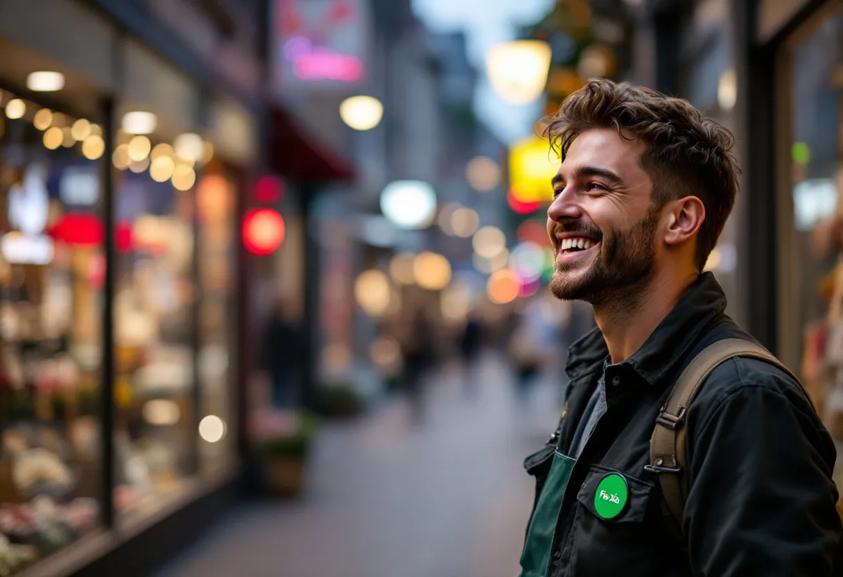 Een fotorealistische foto van een Kortrijkse straat in de avondschemering met verlichte winkelramen en een jonge medewerker die lachend een winkelkar duwt, terwijl hij een groen flexi-job badge op zijn jas heeft.