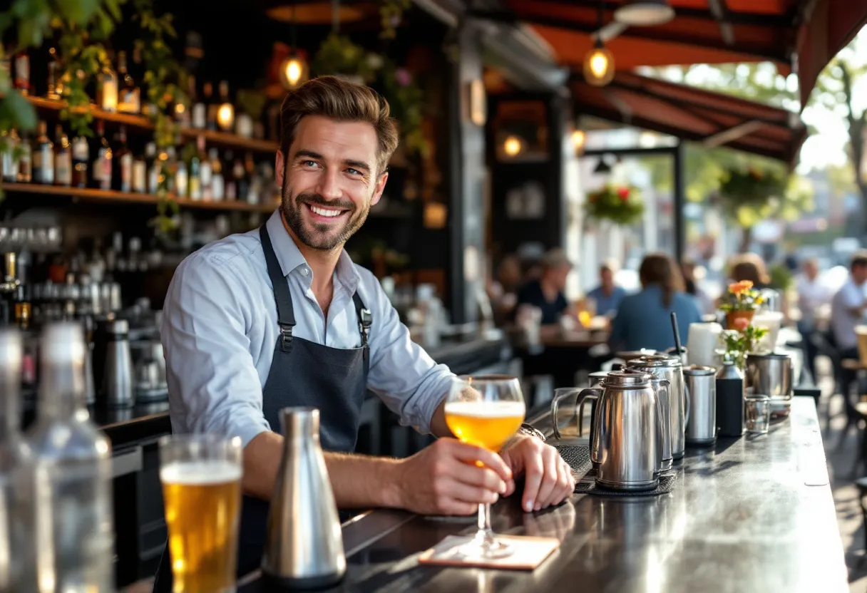 Een fotorealistische foto van een vriendelijke barman die drankjes serveert in een druk Kortrijks café met buitenterras op een zonnige dag, geen tekst of logo's.