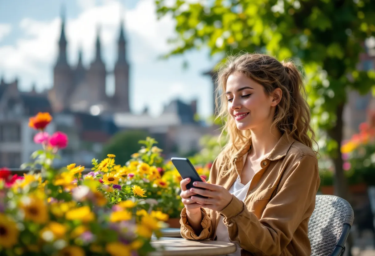 Een jonge vrouw zit op een zonnig terras in Kortrijk met zicht op de historische Broeltorens en kijkt tevreden naar haar telefoon, waarop een overzichtelijke lijst met flexijob-vacatures uit de regio is te zien.