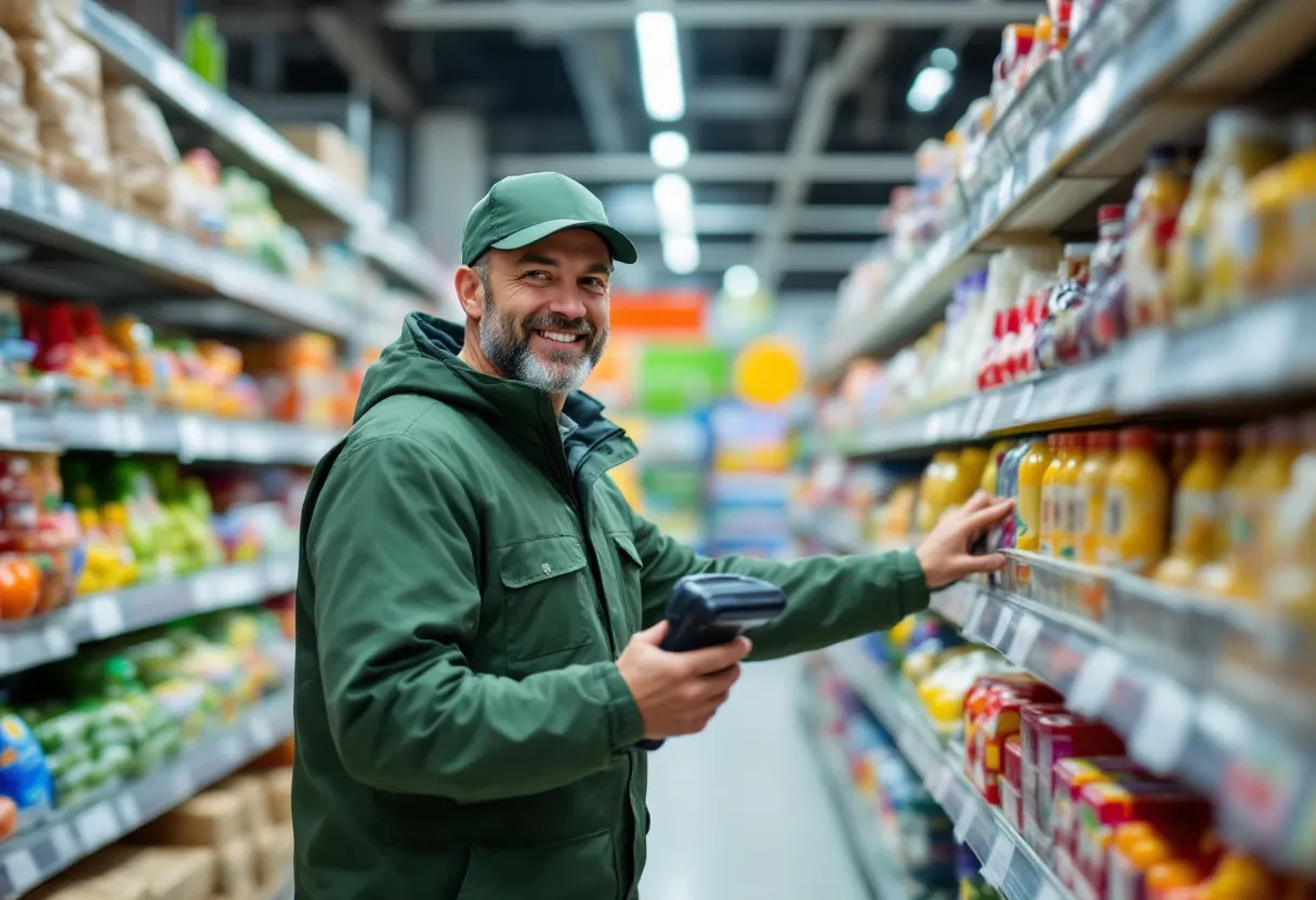 Een vriendelijke man in een groene bedrijfspolo controleert de voorraad in een supermarktmagazijn in Kortrijk, met dozen op stellingen en een scanner in zijn hand.