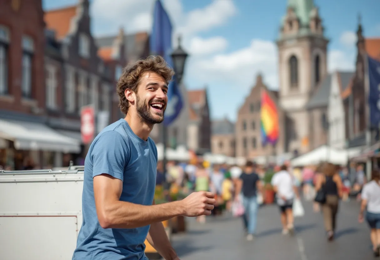 Een lachende jongeman in een blauw T-shirt leunt tegen een witte bestelwagen op de Grote Markt van Kortrijk, met de kleurrijke gevels en het belfort op de achtergrond, op een zonnige namiddag.