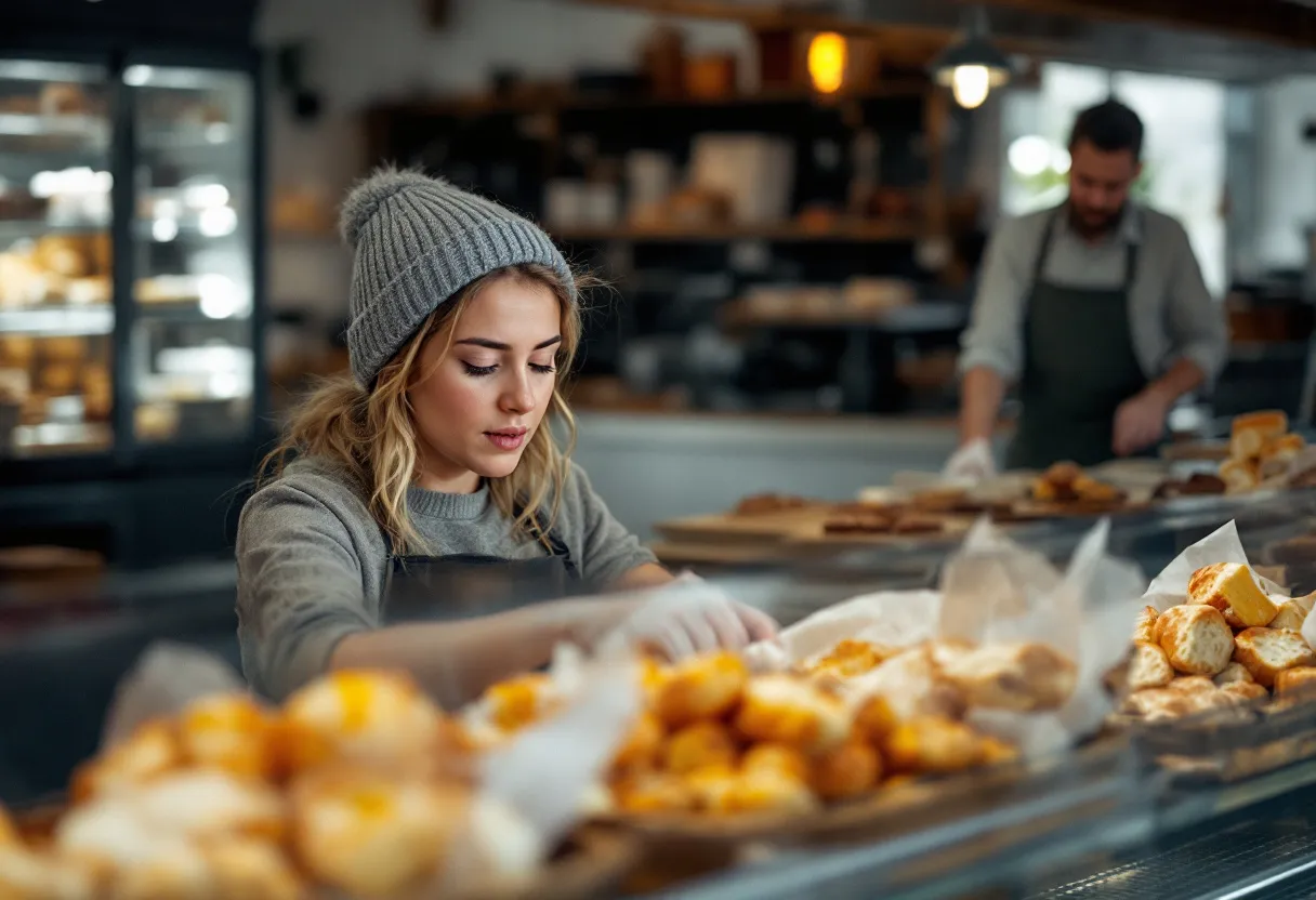 Een jonge vrouw met een schort glimlacht terwijl ze een versgebakken brood in een mand legt achter de toonbank van een bakkerij in Kortrijk.