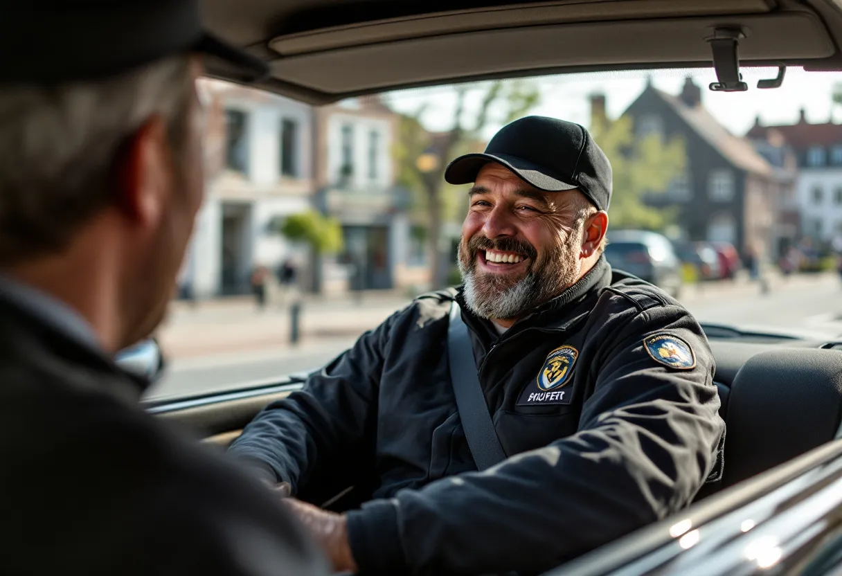 A smiling driver in a van on a sunny day in Kortrijk, with a view of the Leie river and the Begijnhof in the background.