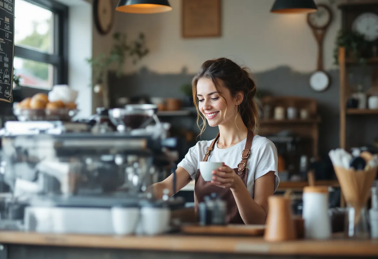 Een jonge vrouw met een opgewekte uitdrukking staat achter de toog van een druk koffiehuis in Kortrijk en schenkt een cappuccino in, terwijl ze zelf haar werkuren kiest.