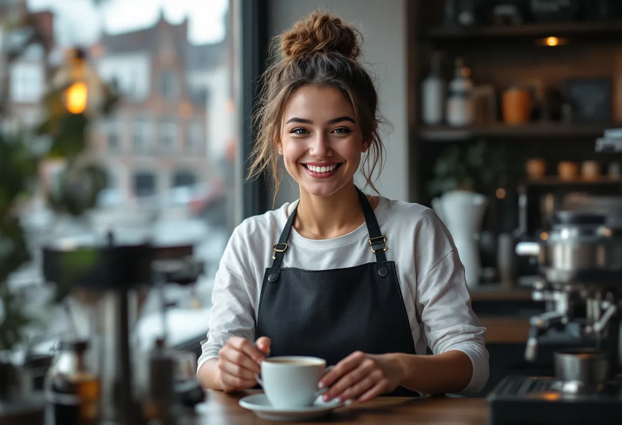 Une étudiante souriante en tablier de barista prépare du café dans un café chaleureux avec vue sur les façades historiques de Courtrai, son flexi-job à côté de ses études.