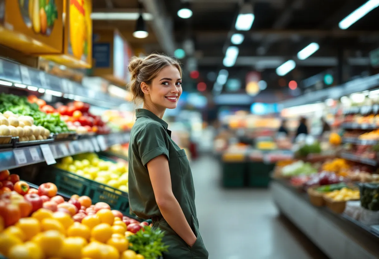 Een jonge vrouw in een winkelbediende-uniform vult, met een glimlach, de groenten- en fruitafdeling bij in een helder verlichte supermarkt in Kortrijk.