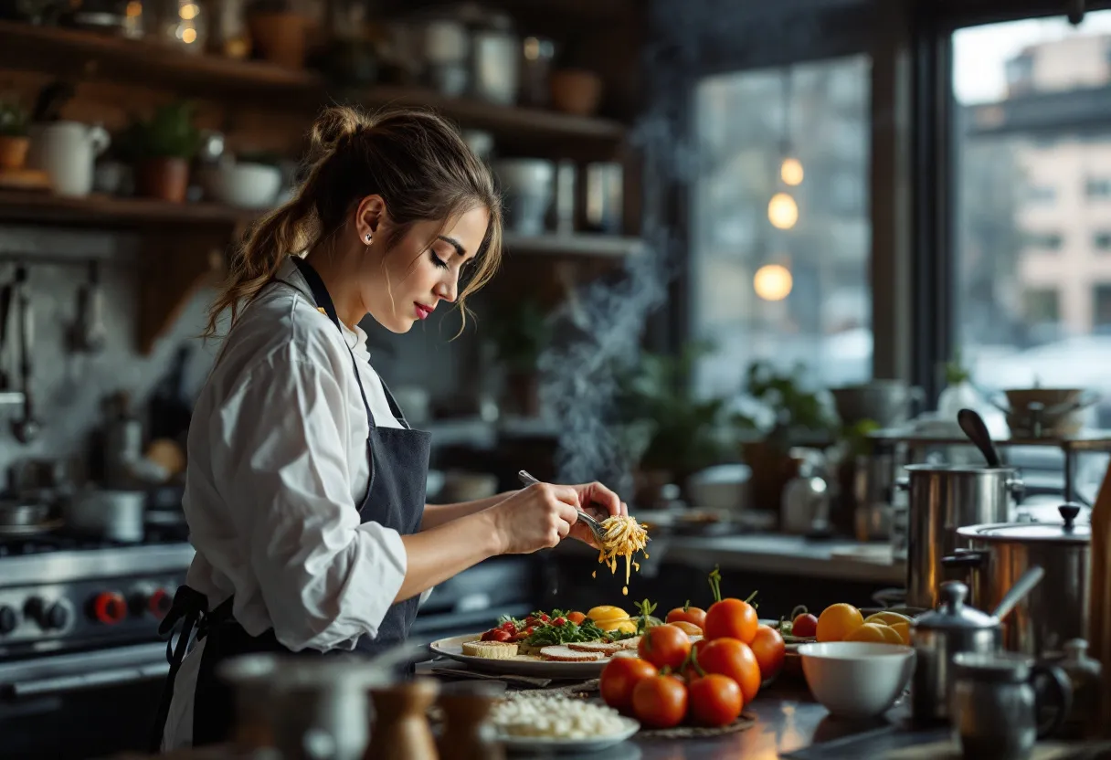 Een jonge vrouw met een glimlach staat in een professionele keuken en droogt borden af, terwijl Kortrijkse straatjes vaag door het raam zichtbaar zijn.