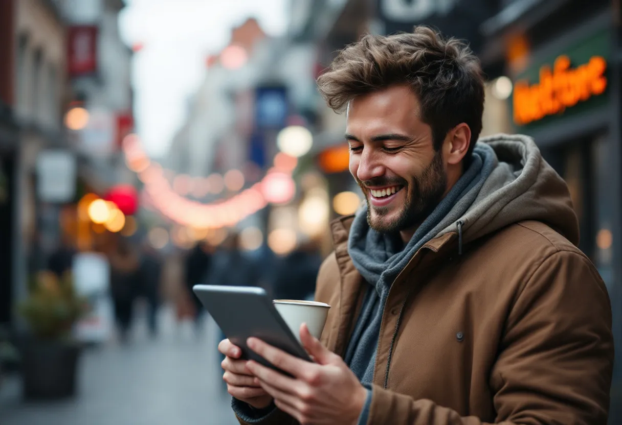 Een lachende jongeman scant een digitaal vacaturebord op zijn tablet, met op de achtergrond de herkenbare gevels van Kortrijkse winkels en het Belfort, terwijl hij een kop koffie vasthoudt.