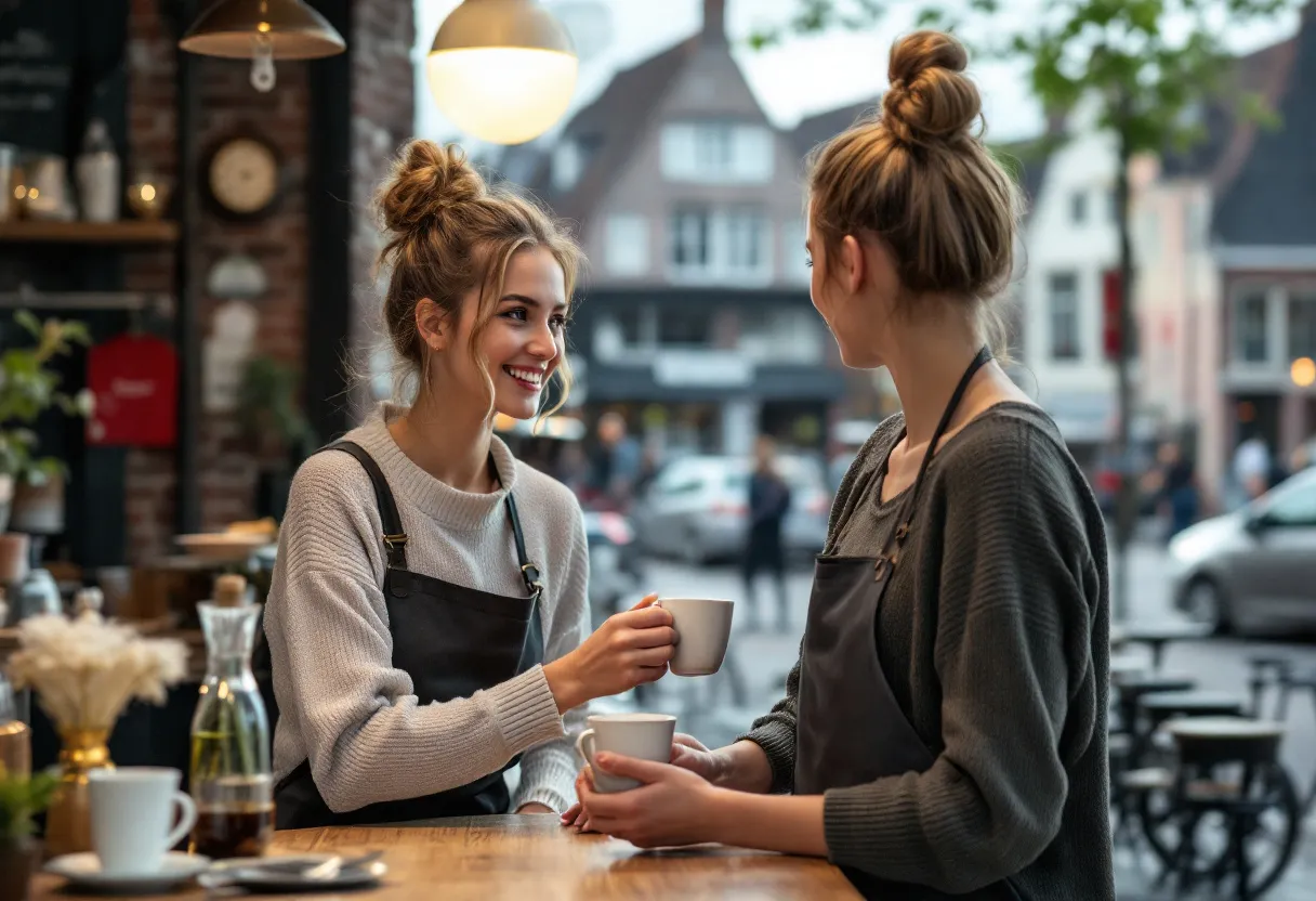Une jeune femme souriante sert du café dans un café à Courtrai, avec en arrière-plan les façades typiques de la Leiestraat.
