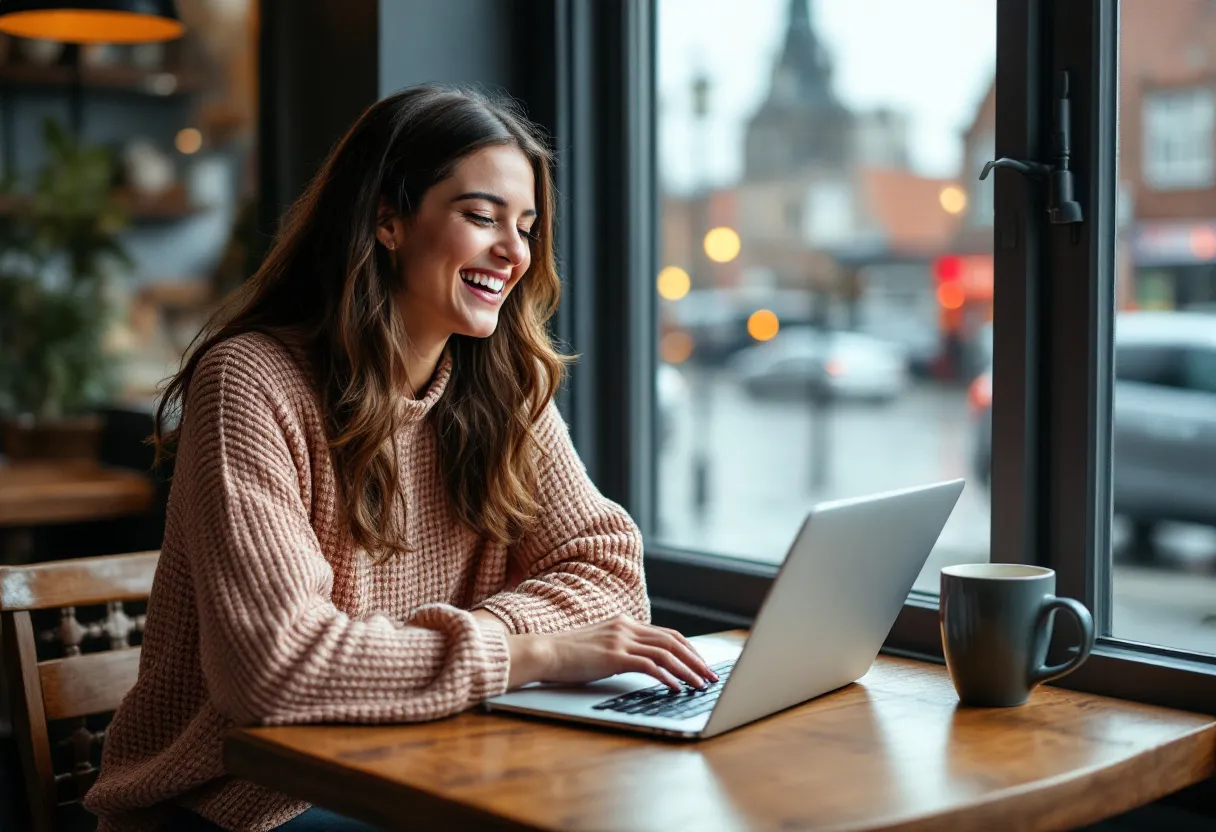 A young woman sits at a wooden table in a café with a view of the Broeltorens in Kortrijk, she smiles while browsing a list of flexijobs on her laptop.