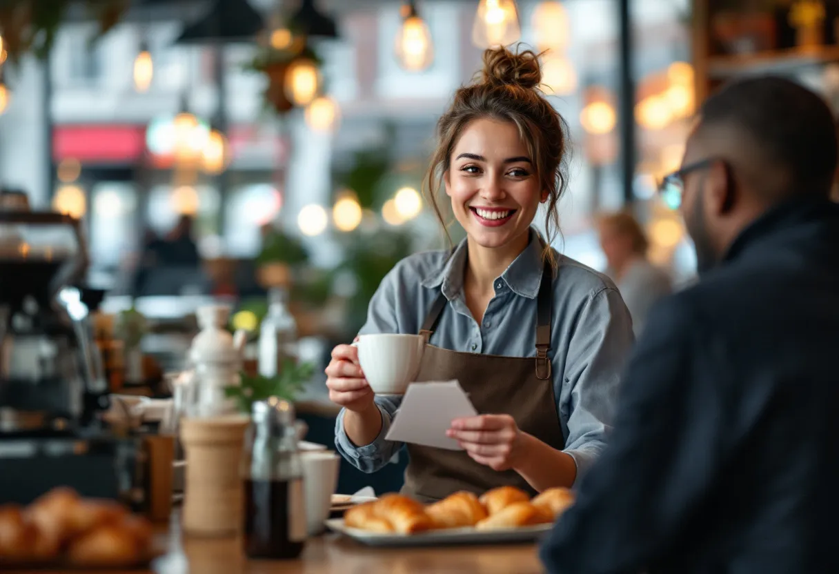 Een vrolijke jonge vrouw met een schort serveert koffie aan een klant in een gezellig café in het centrum van Kortrijk, met de toog vol verse croissants en een notitieblokje in haar hand.